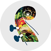 Illustration abstraite multicolore aux motifs floraux et cosmiques, entourée d’un grand cercle gris pâle sur fond noir.