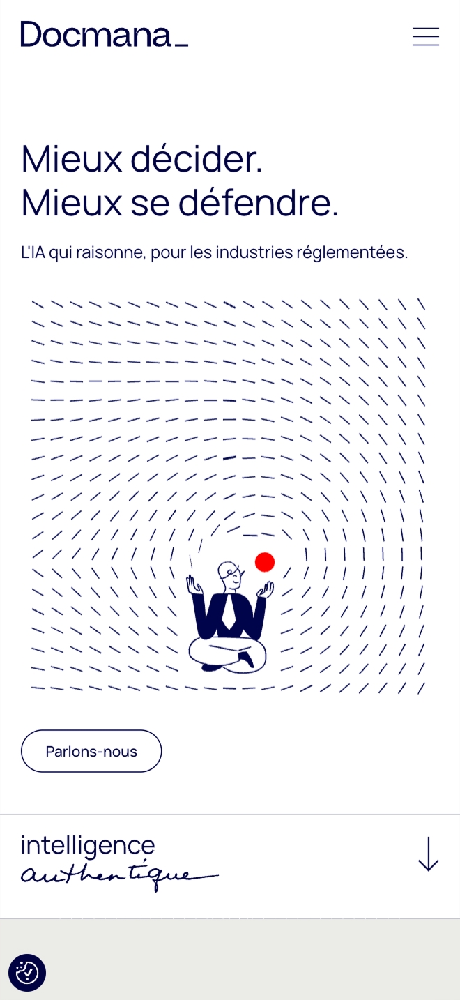 Page mobile de Docmana_ affichant « Mieux décider. Mieux se défendre. L’IA qui raisonne, pour les industries réglementées. », un motif de traits entourant un symbole abstrait bleu et rouge, ainsi que le bouton « Parlons-nous » et la mention « intelligence artificielle éthique ».