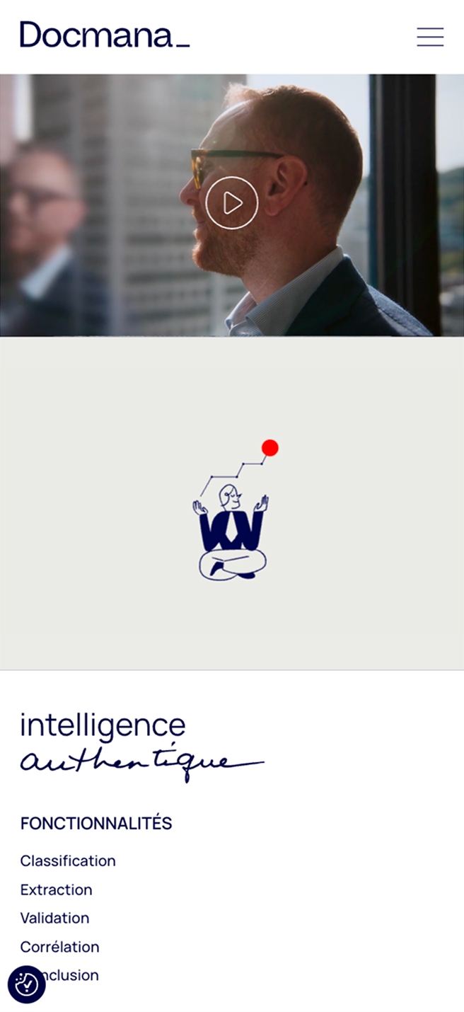 Capture d’écran mobile du site Docmana_ : une vidéo montrant le profil d’un homme avec un bouton de lecture, suivie d’une illustration, du texte « intelligence authentique » et de la section « FONCTIONNALITÉS » avec les éléments « Classification », « Extraction », « Validation », « Corrélation » et « Conclusion ».