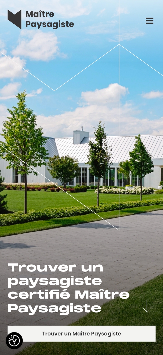 Bannière montrant une maison blanche moderne entourée d’une pelouse soigneusement aménagée, d’arbres et d’un trottoir sous un ciel bleu. Le texte indique « Trouver un paysagiste certifié Maître Paysagiste », avec le bouton « Trouver un Maître Paysagiste ».