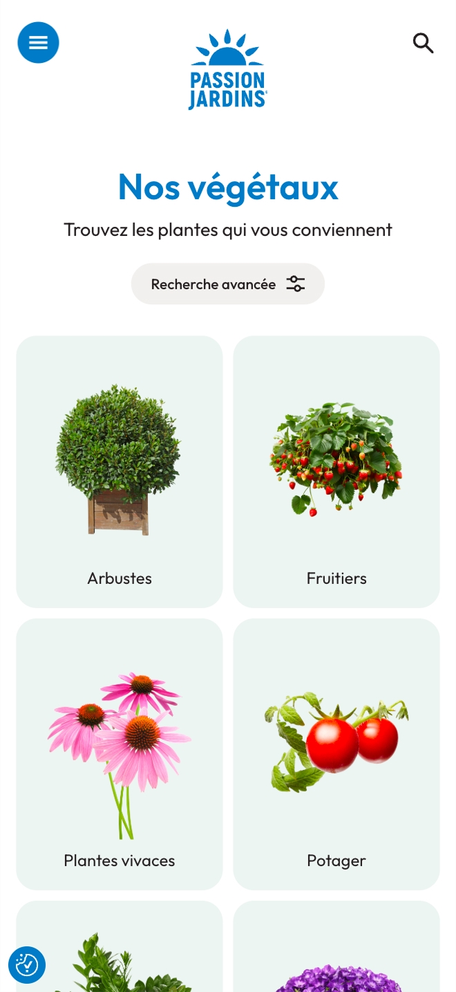 Capture d’écran mobile du site Passion Jardins affichant le titre « Nos végétaux », une recherche avancée et une grille de catégories illustrées : Arbustes, Fruitiers, Plantes vivaces et Potager.