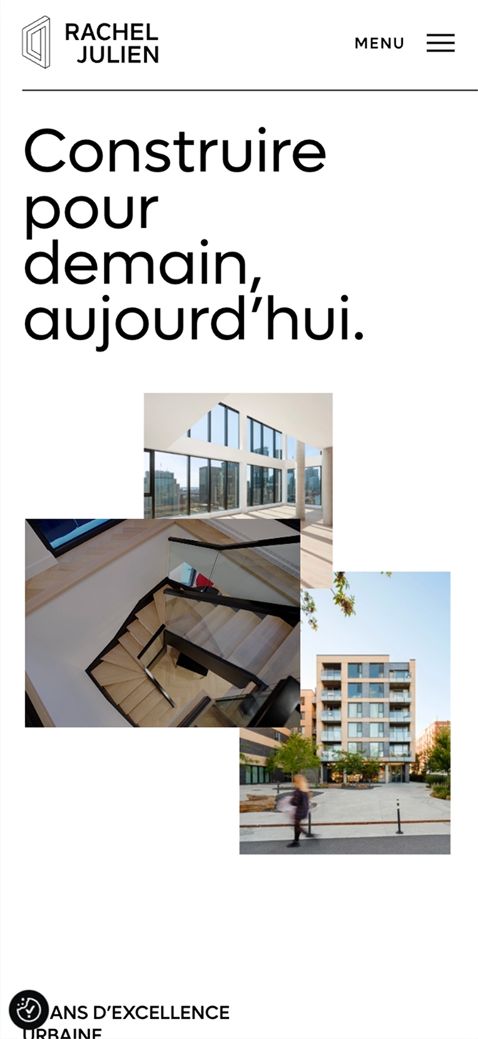 Page d’accueil de Rachel Julien avec le titre « Construire pour demain, aujourd’hui. » et un collage de bâtiments résidentiels modernes, d’un intérieur et d’une rue aménagée.