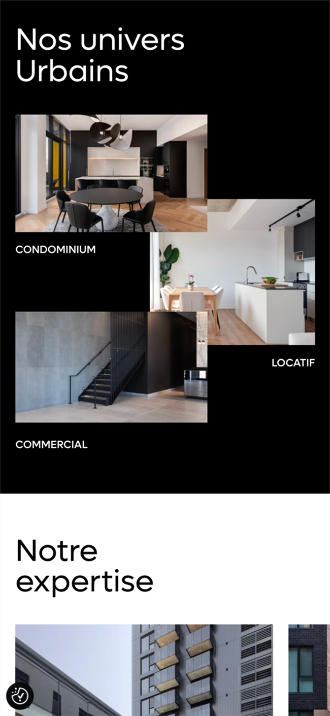 Capture d’écran d’une page présentant « Nos univers Urbains » avec des photos étiquetées « CONDOMINIUM », « LOCATIF » et « COMMERCIAL », puis le titre « Notre expertise » au-dessus d’une photo d’immeuble.