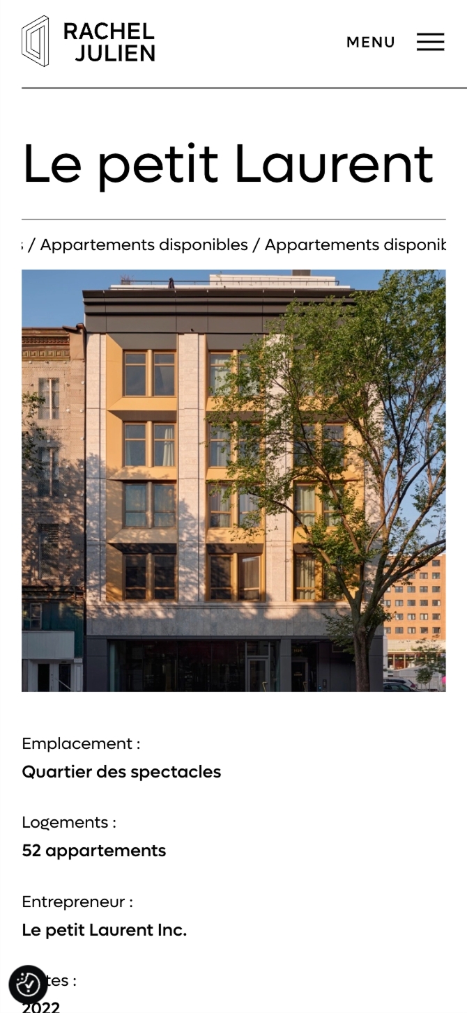 Page mobile du projet « Le petit Laurent », avec la façade d’un immeuble d’appartements en brique et les détails indiquant 52 appartements dans le Quartier des spectacles.