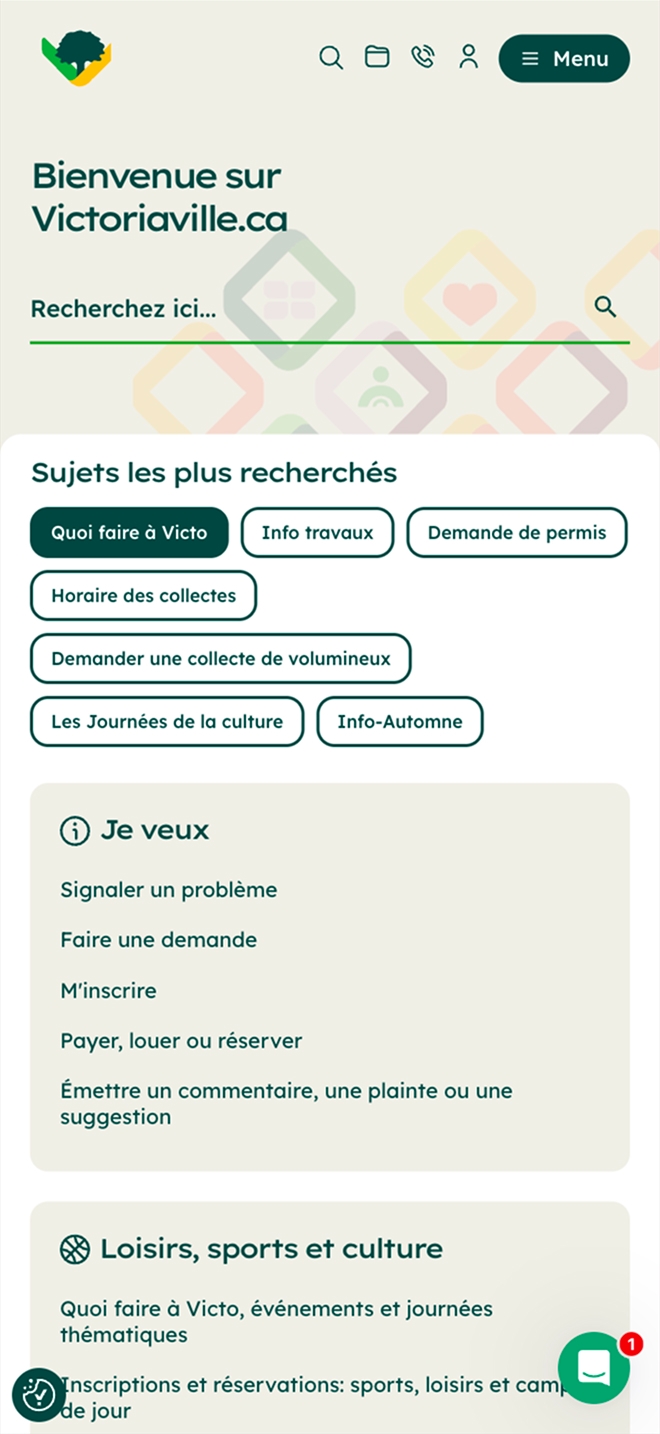 Capture d’écran mobile de la page d’accueil de Victoriaville.ca, en français, avec une barre de recherche, des sujets populaires, la section « Je veux » et le début de « Loisirs, sports et culture ».