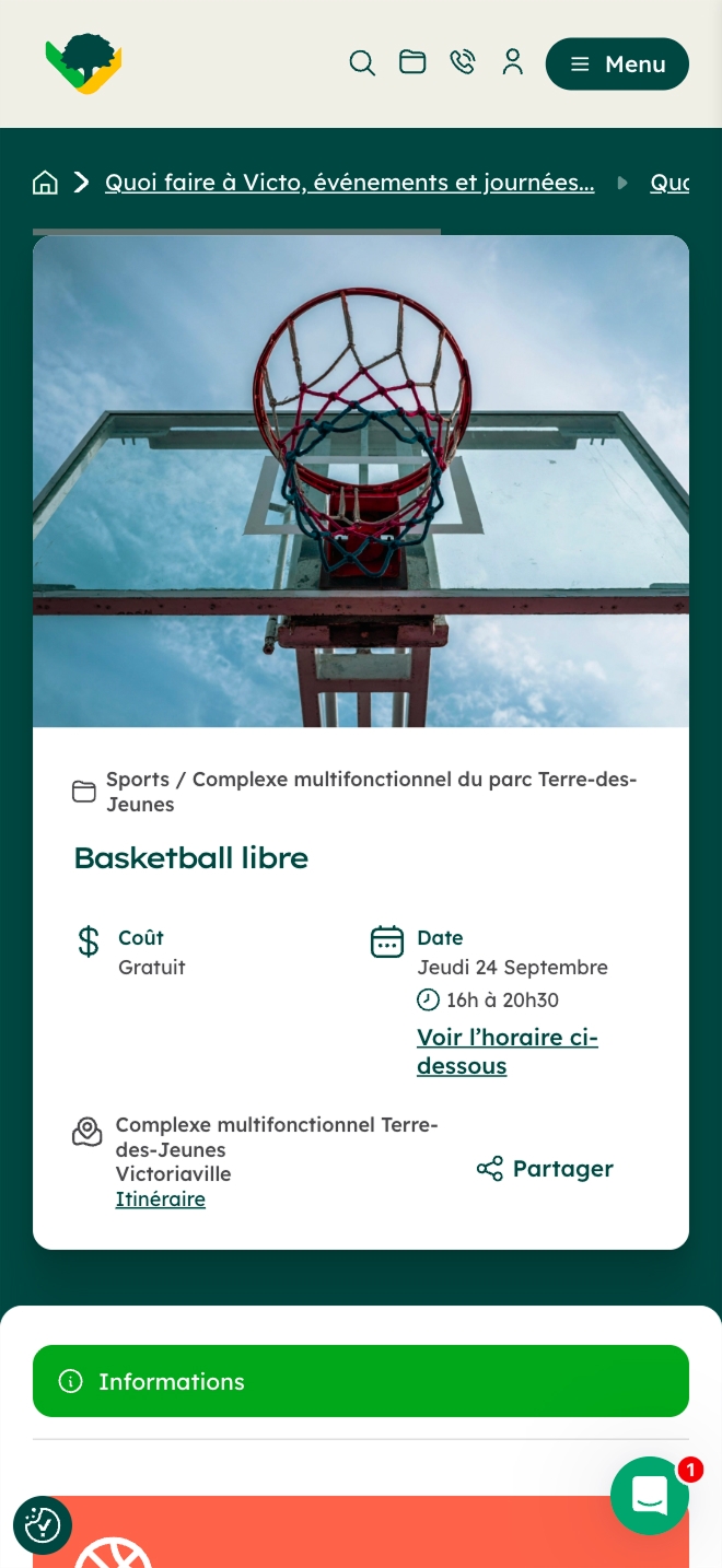 Capture d’écran d’une page mobile annonçant « Basketball libre », avec une vue sous un panier de basketball. L’activité est gratuite, prévue le jeudi 24 septembre à 18 h 30 au Complexe multifonctionnel Terre-des-Jeunes, à Victoriaville.