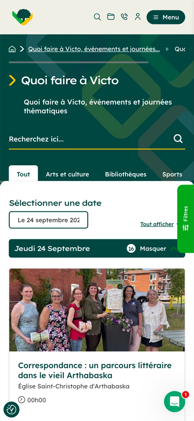Capture d’écran mobile de la page « Quoi faire à Victo », avec une recherche par date au 24 septembre et une fiche d’activité montrant un groupe de personnes devant un bâtiment : « Correspondance : un parcours littéraire dans le vieil Arthabaska », à l’Église Saint-Christophe d’Arthabaska.